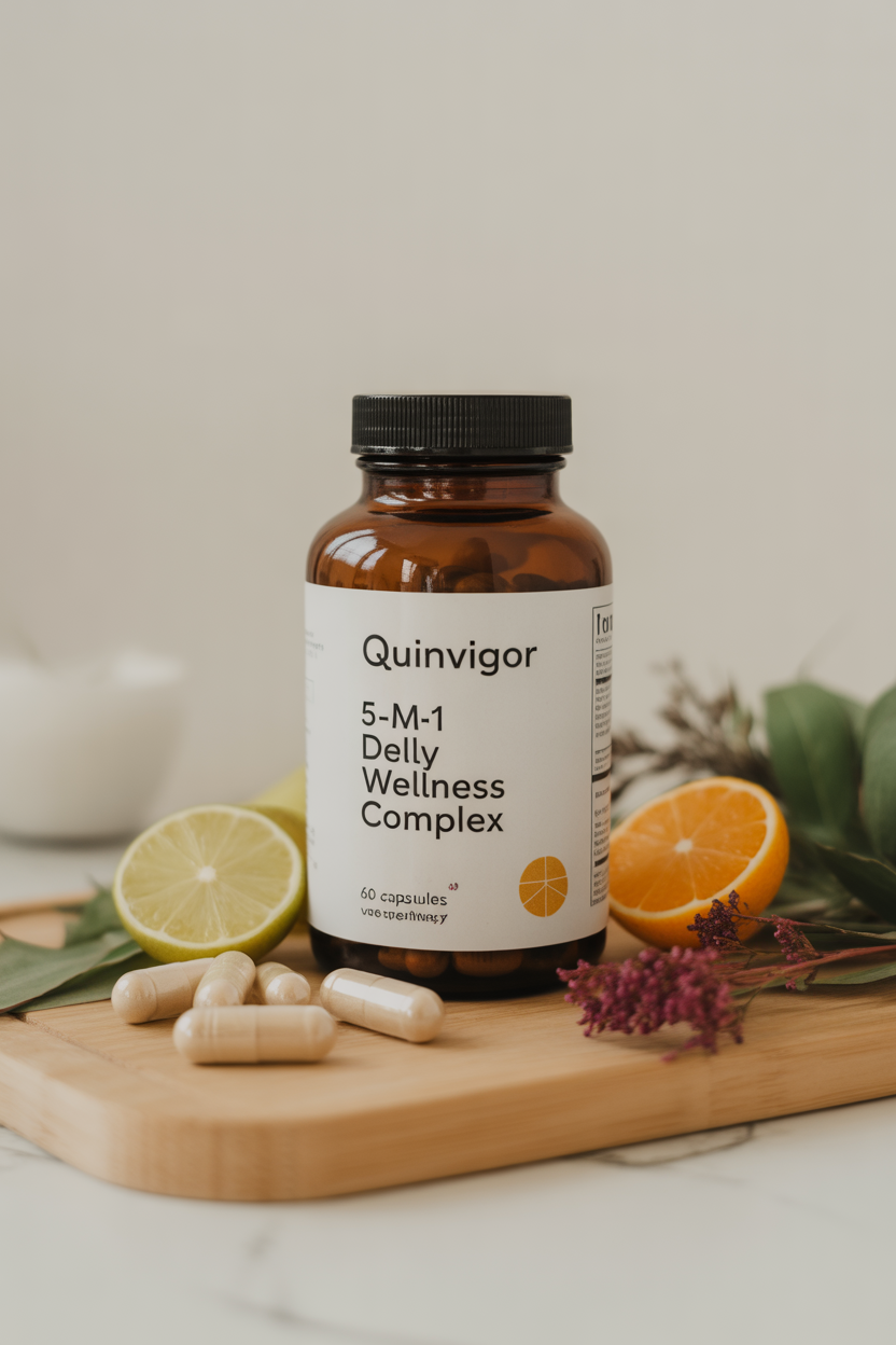 QuinVigor food supplement bottle with capsules on a clean surface